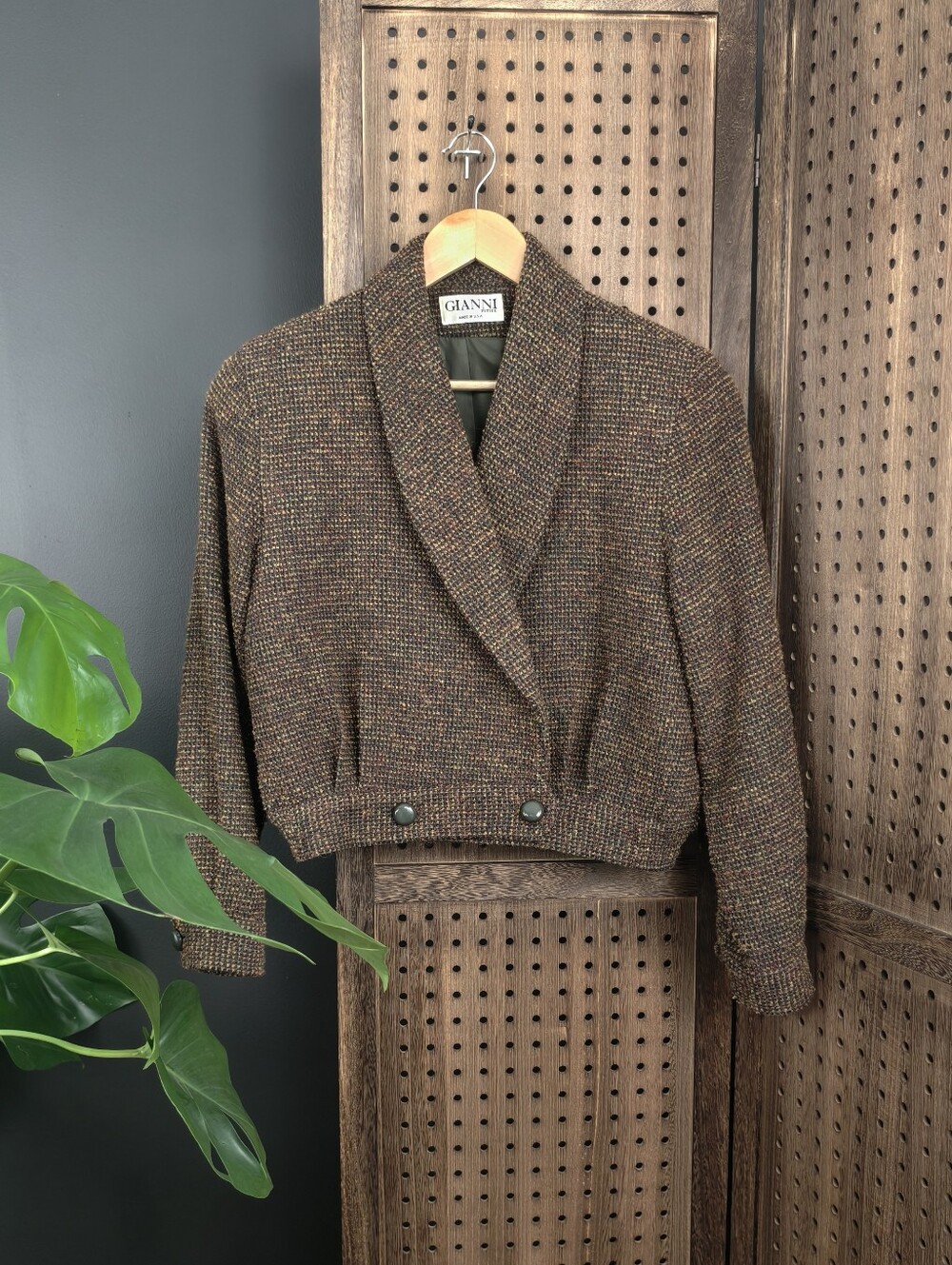 Vintage Gianni Brown Wool Blend Tweed Cropped Shawl-Collar Blazer